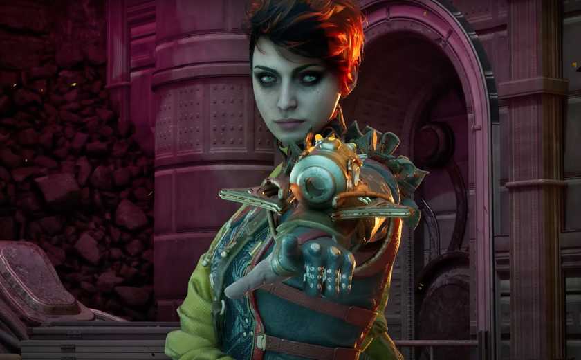 An Outer Worlds 2 character looks directly at the camera